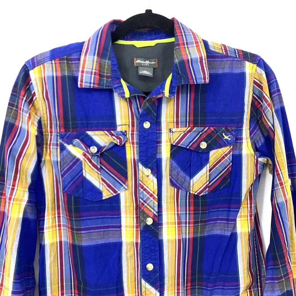 Eddie Bauer Kids XL‎ Shirt Button Down Top Blue Yellow Plaid Long Sleeve Cotton